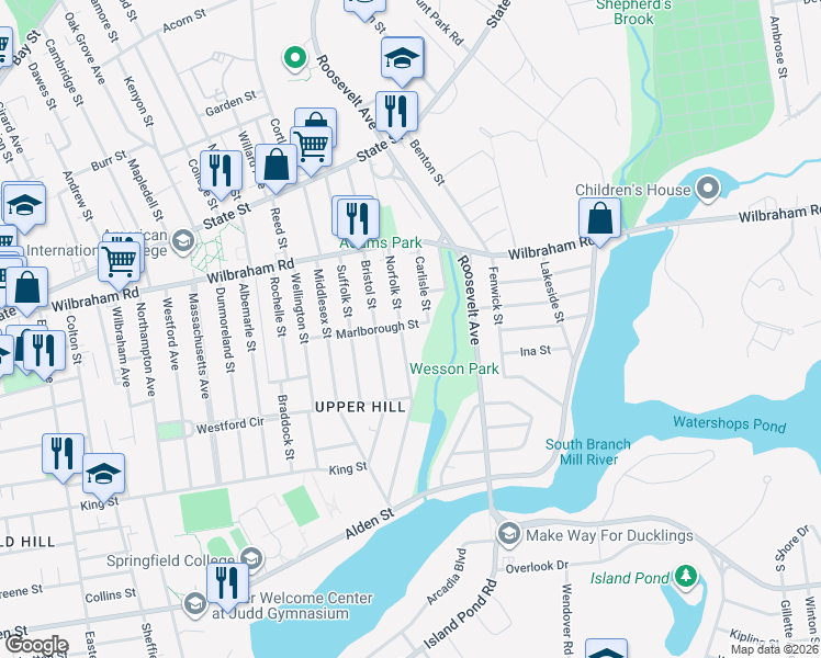 map of restaurants, bars, coffee shops, grocery stores, and more near 128 Marlborough Street in Springfield
