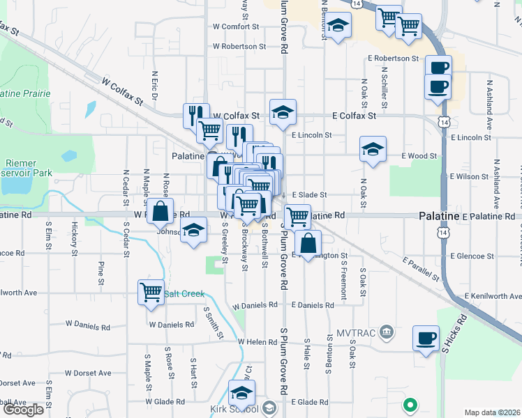 map of restaurants, bars, coffee shops, grocery stores, and more near 43 West Slade Street in Palatine