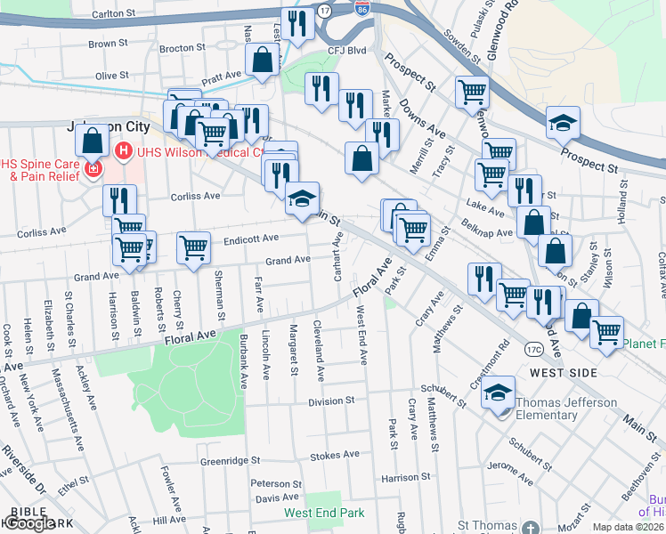 map of restaurants, bars, coffee shops, grocery stores, and more near 15 Carhart Avenue in Binghamton
