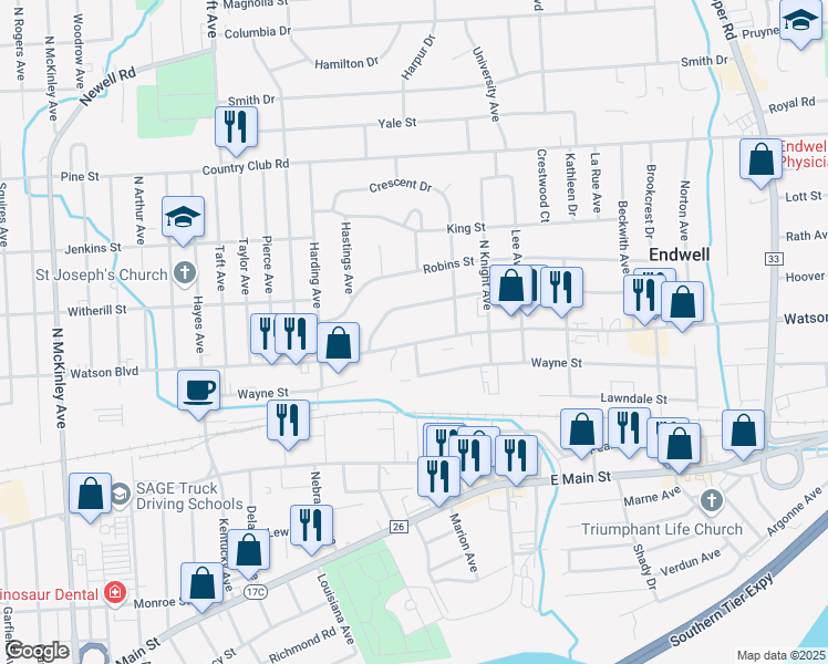 map of restaurants, bars, coffee shops, grocery stores, and more near 2717 Watson Boulevard in Endicott