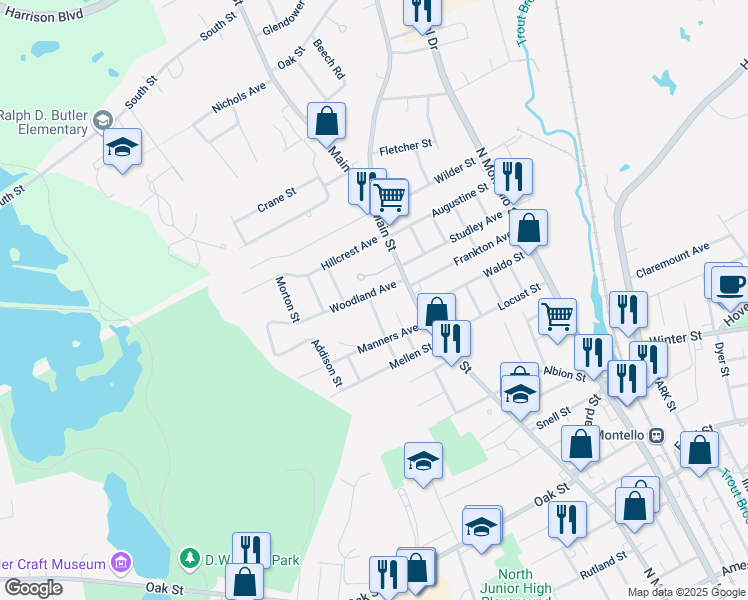 map of restaurants, bars, coffee shops, grocery stores, and more near 19 Woodland Avenue in Brockton