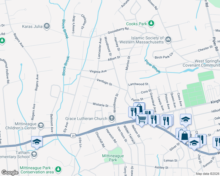 map of restaurants, bars, coffee shops, grocery stores, and more near 56 Verdugo Street in West Springfield