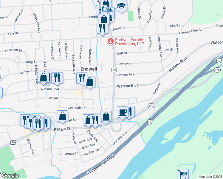 map of restaurants, bars, coffee shops, grocery stores, and more near in Endwell