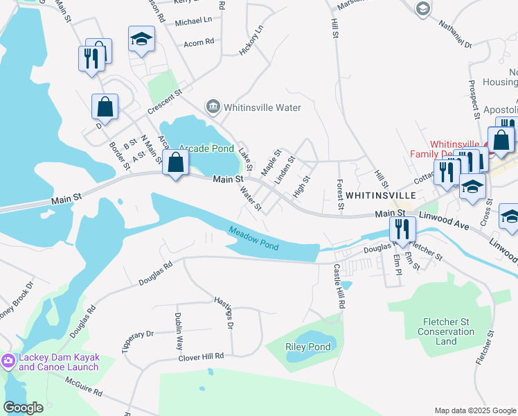 map of restaurants, bars, coffee shops, grocery stores, and more near 66 Water Street in Northbridge
