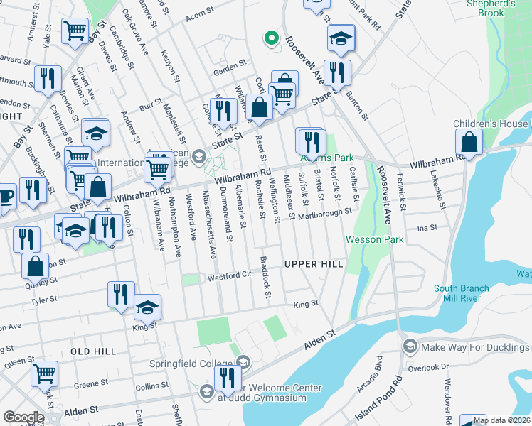 map of restaurants, bars, coffee shops, grocery stores, and more near 65 Rochelle Street in Springfield