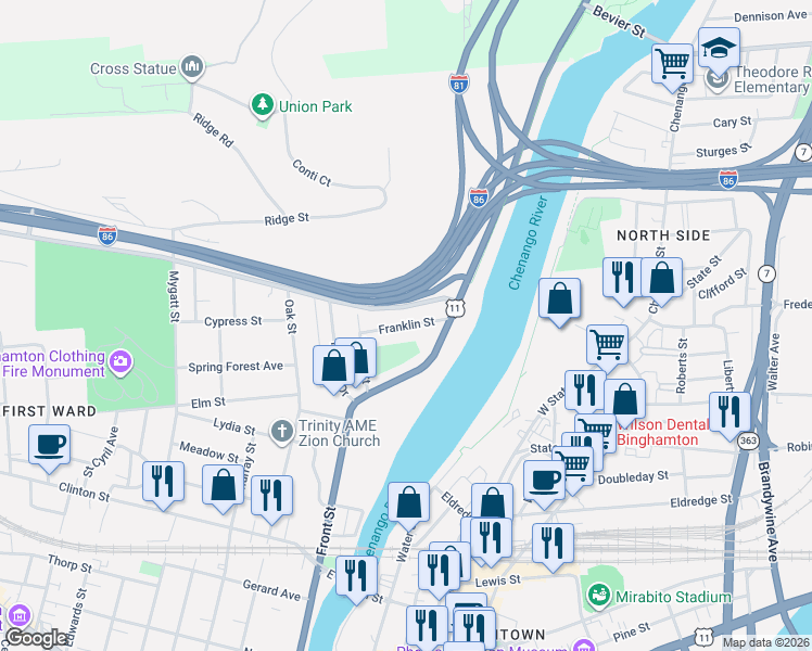 map of restaurants, bars, coffee shops, grocery stores, and more near 10 Franklin St in Binghamton
