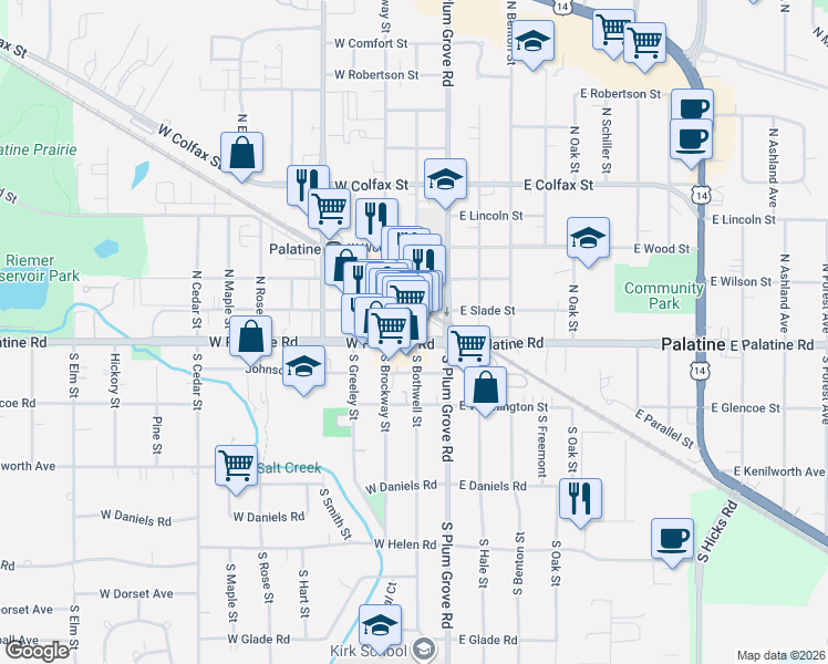 map of restaurants, bars, coffee shops, grocery stores, and more near 32 West Palatine Road in Palatine