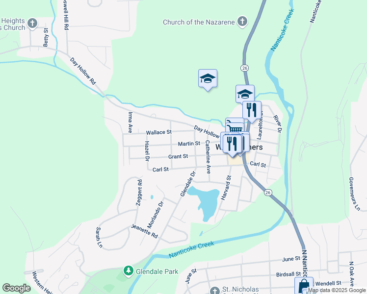 map of restaurants, bars, coffee shops, grocery stores, and more near 718 Martin Street in Endicott