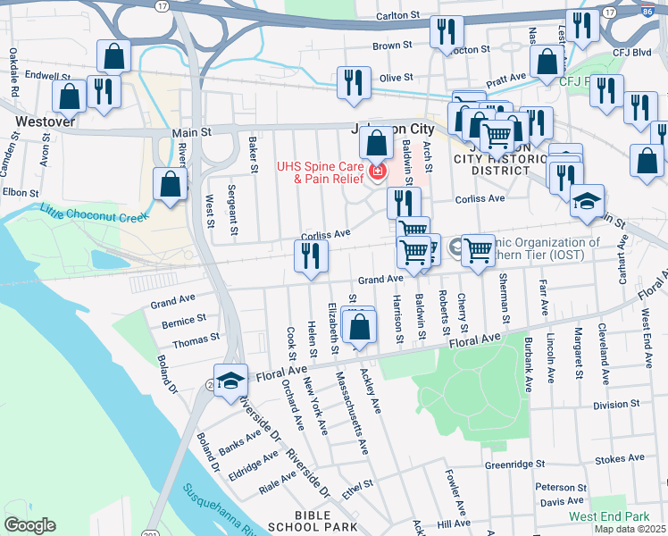 map of restaurants, bars, coffee shops, grocery stores, and more near 135 Allen Street in Johnson City