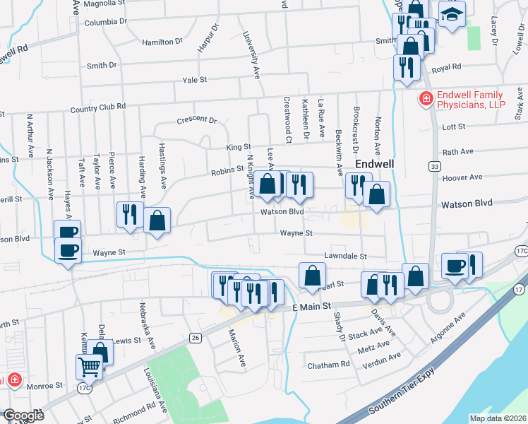 map of restaurants, bars, coffee shops, grocery stores, and more near 2909 Watson Blvd in Endicott