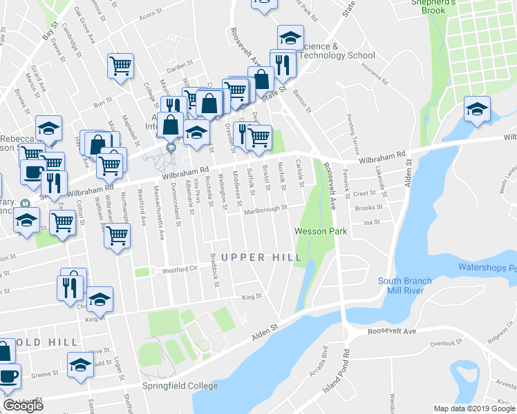 map of restaurants, bars, coffee shops, grocery stores, and more near 71 Suffolk Street in Springfield