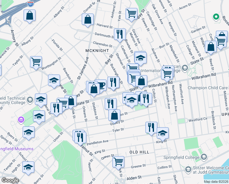 map of restaurants, bars, coffee shops, grocery stores, and more near 22-24 Westminster Street in Springfield
