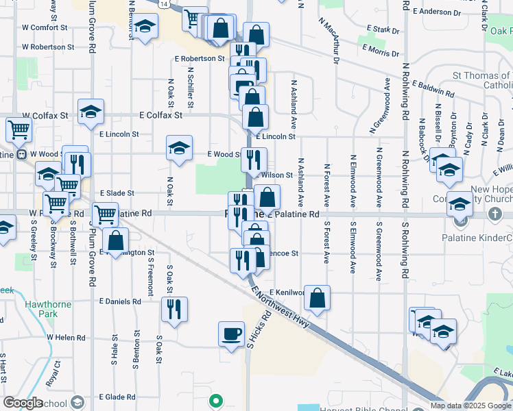 map of restaurants, bars, coffee shops, grocery stores, and more near in Palatine