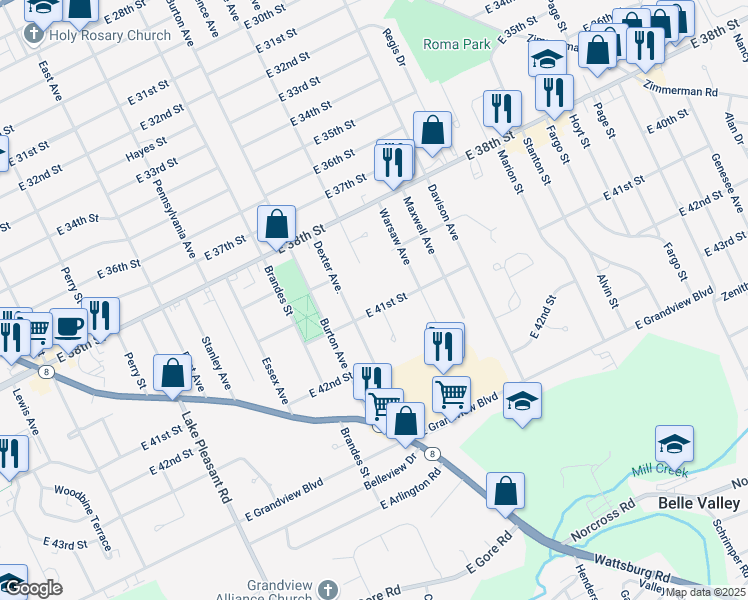 map of restaurants, bars, coffee shops, grocery stores, and more near 1290 East 41st Street in Erie