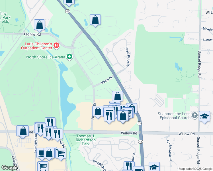 map of restaurants, bars, coffee shops, grocery stores, and more near 2363 Chelsea Road in Northbrook