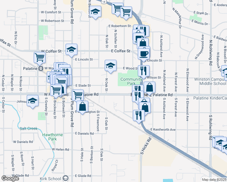 map of restaurants, bars, coffee shops, grocery stores, and more near 224 East Palatine Road in Palatine