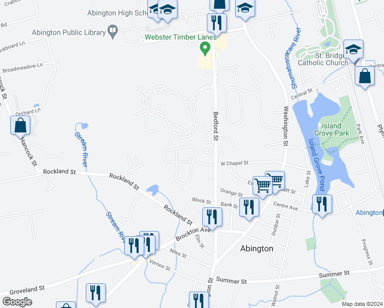 map of restaurants, bars, coffee shops, grocery stores, and more near 2 Forsyth Drive in Abington