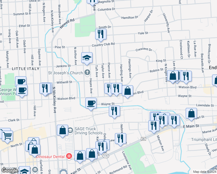map of restaurants, bars, coffee shops, grocery stores, and more near 117 Pierce Avenue in Endicott