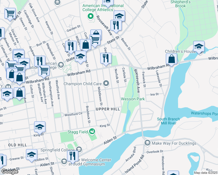 map of restaurants, bars, coffee shops, grocery stores, and more near 64 Marlborough Street in Springfield