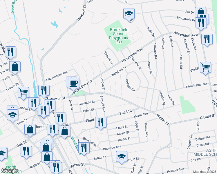 map of restaurants, bars, coffee shops, grocery stores, and more near 35 Hermon Street in Brockton