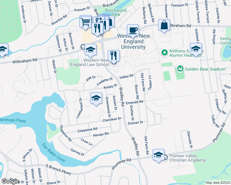 map of restaurants, bars, coffee shops, grocery stores, and more near 708 Bradley Road in Springfield