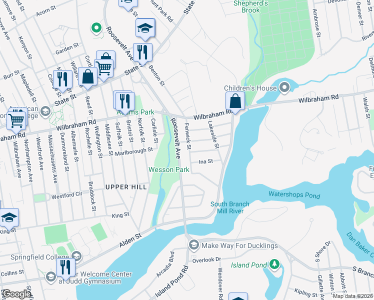 map of restaurants, bars, coffee shops, grocery stores, and more near 61 Fenwick Street in Springfield