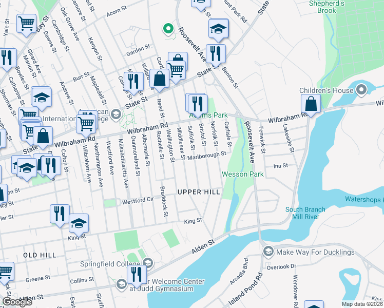 map of restaurants, bars, coffee shops, grocery stores, and more near 66 Suffolk Street in Springfield