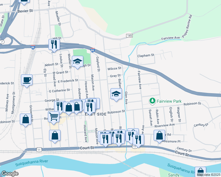 map of restaurants, bars, coffee shops, grocery stores, and more near 6 Chamberlain Street in Binghamton