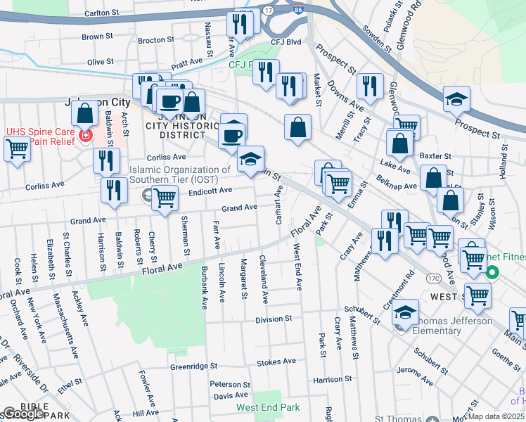 map of restaurants, bars, coffee shops, grocery stores, and more near 13-15 Grand Avenue in Johnson City