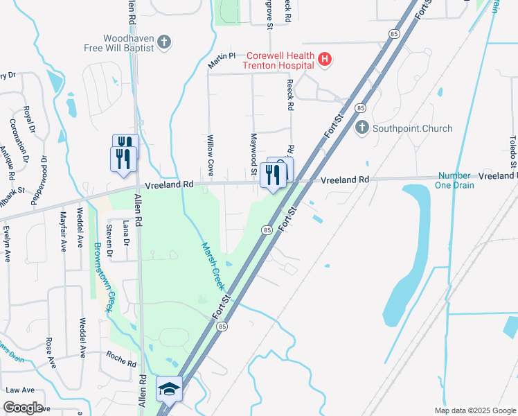 map of restaurants, bars, coffee shops, grocery stores, and more near 27236-27952 Fort Street in Brownstown Charter Township