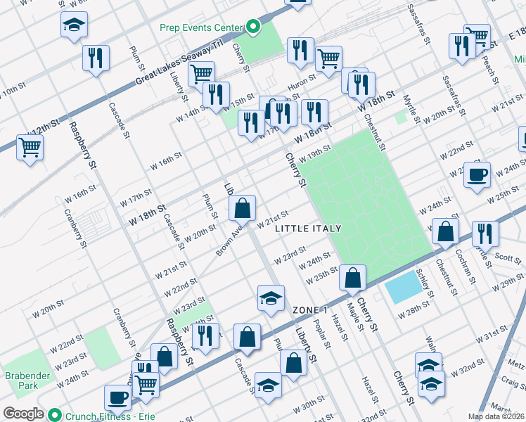 map of restaurants, bars, coffee shops, grocery stores, and more near 709 Brown Ave in Erie