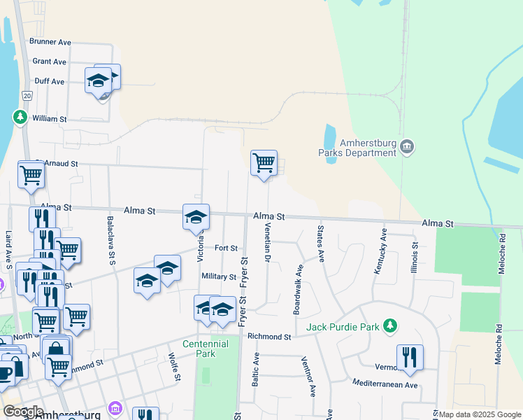 map of restaurants, bars, coffee shops, grocery stores, and more near 10 Renaud Street in Amherstburg