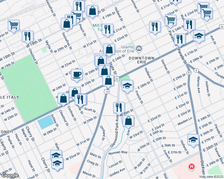 map of restaurants, bars, coffee shops, grocery stores, and more near 2609 Peach Street in Erie