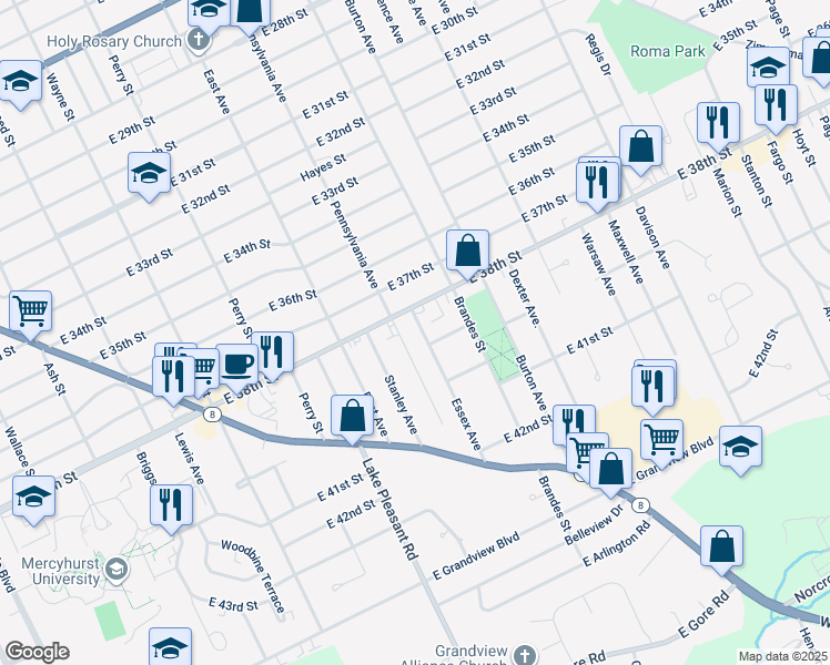 map of restaurants, bars, coffee shops, grocery stores, and more near 3820 Essex Avenue in Erie
