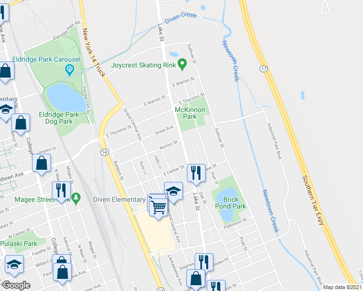 map of restaurants, bars, coffee shops, grocery stores, and more near 1321 Lake Street in Elmira