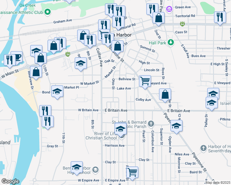 map of restaurants, bars, coffee shops, grocery stores, and more near 182 Lake Avenue in Benton Harbor