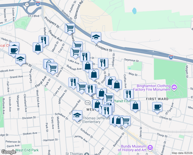map of restaurants, bars, coffee shops, grocery stores, and more near 356 Clinton Street in Binghamton