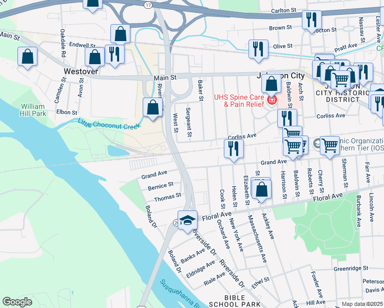 map of restaurants, bars, coffee shops, grocery stores, and more near 675 Riverside Drive in Johnson City