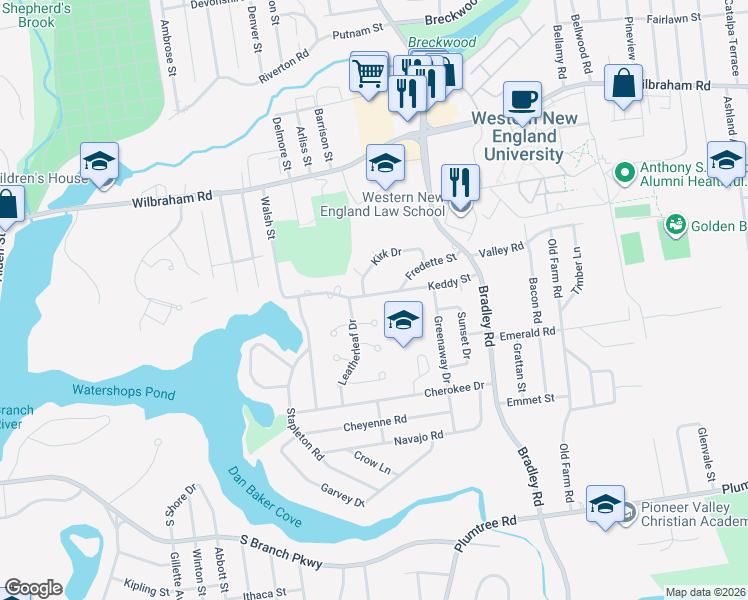 map of restaurants, bars, coffee shops, grocery stores, and more near 115 Kirk Drive in Springfield