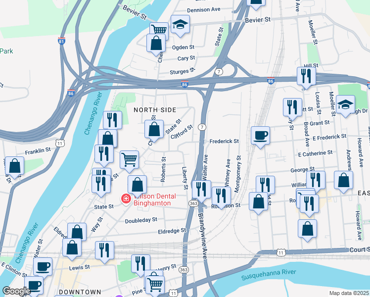 map of restaurants, bars, coffee shops, grocery stores, and more near 36 Frederick Street in Binghamton