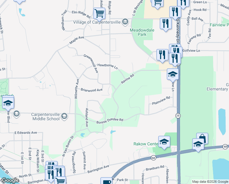 map of restaurants, bars, coffee shops, grocery stores, and more near 631 Ravine Road in East Dundee