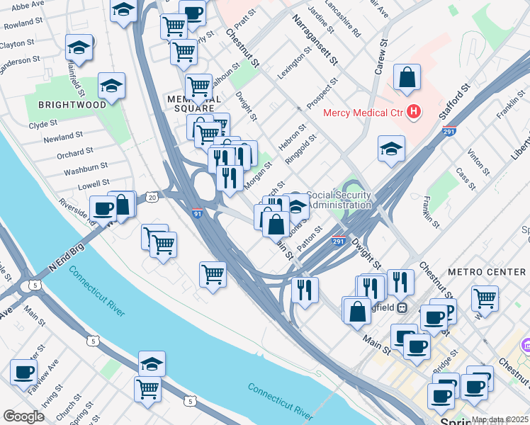 map of restaurants, bars, coffee shops, grocery stores, and more near 2295 Main Street in Springfield