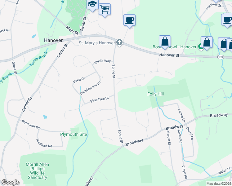 map of restaurants, bars, coffee shops, grocery stores, and more near 158 Spring Street in Hanover