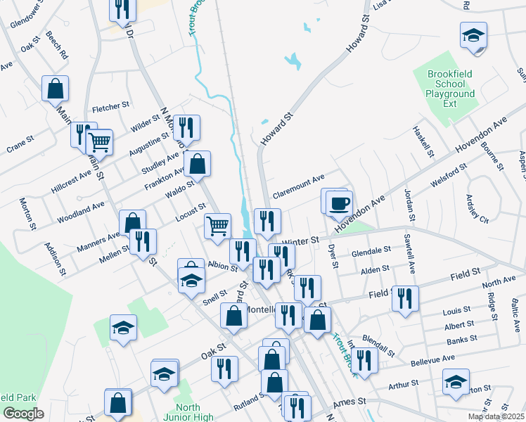 map of restaurants, bars, coffee shops, grocery stores, and more near 192 Howard Street in Brockton