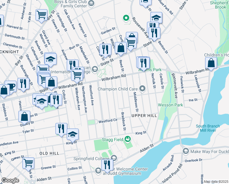 map of restaurants, bars, coffee shops, grocery stores, and more near 48-50 Rochelle Street in Springfield