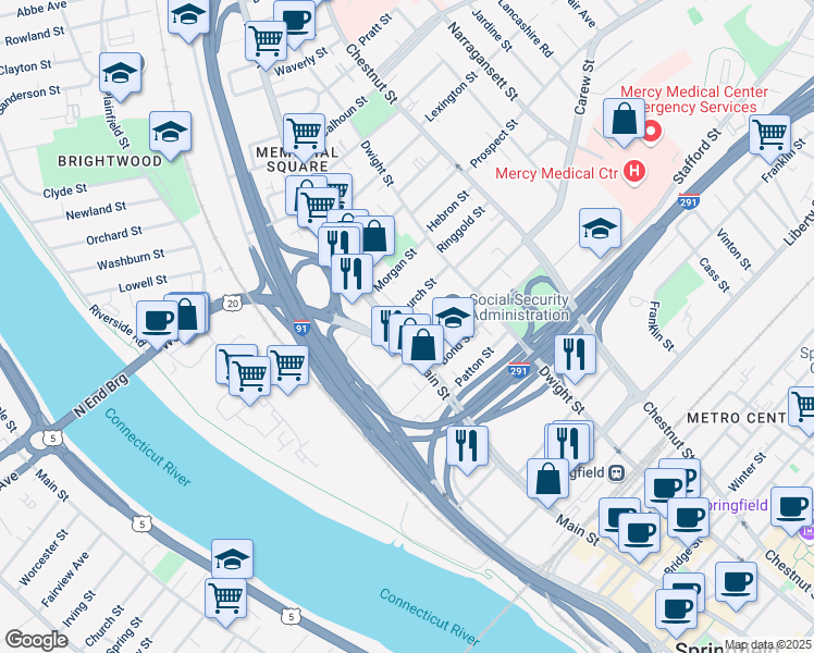 map of restaurants, bars, coffee shops, grocery stores, and more near 2273 Main Street in Springfield