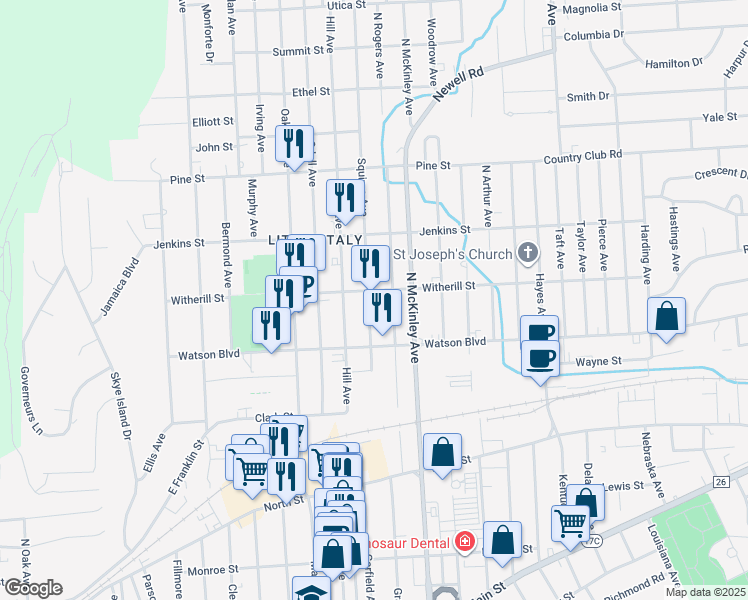 map of restaurants, bars, coffee shops, grocery stores, and more near 128 Squires Avenue in Endicott