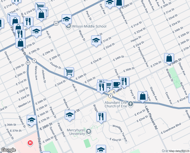 map of restaurants, bars, coffee shops, grocery stores, and more near in Erie