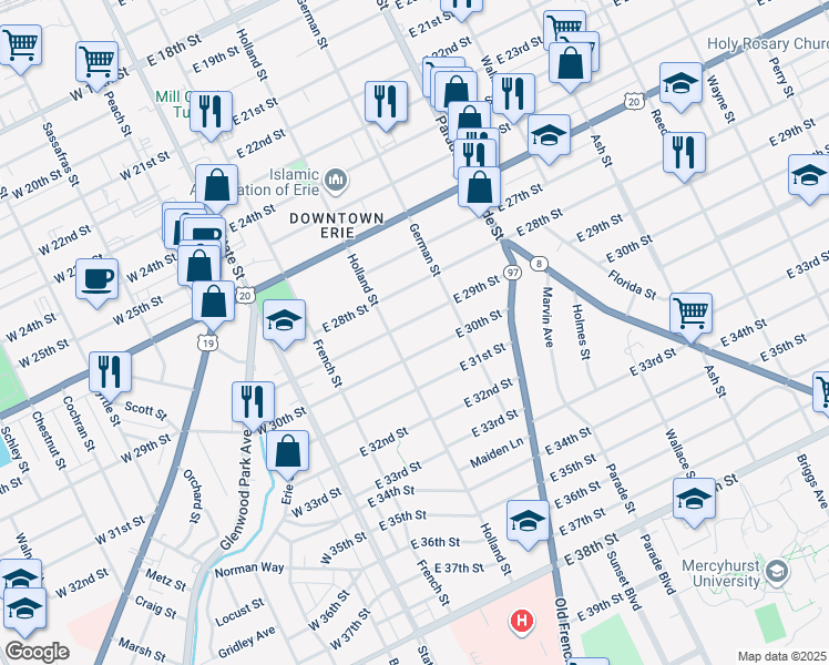 map of restaurants, bars, coffee shops, grocery stores, and more near 227 East 29th Street in Erie