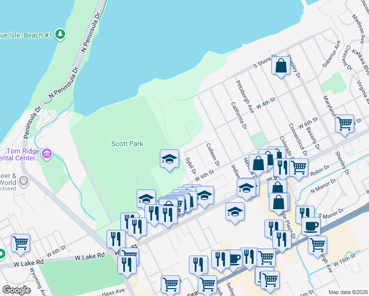 map of restaurants, bars, coffee shops, grocery stores, and more near 2558 Pandora Drive in Erie